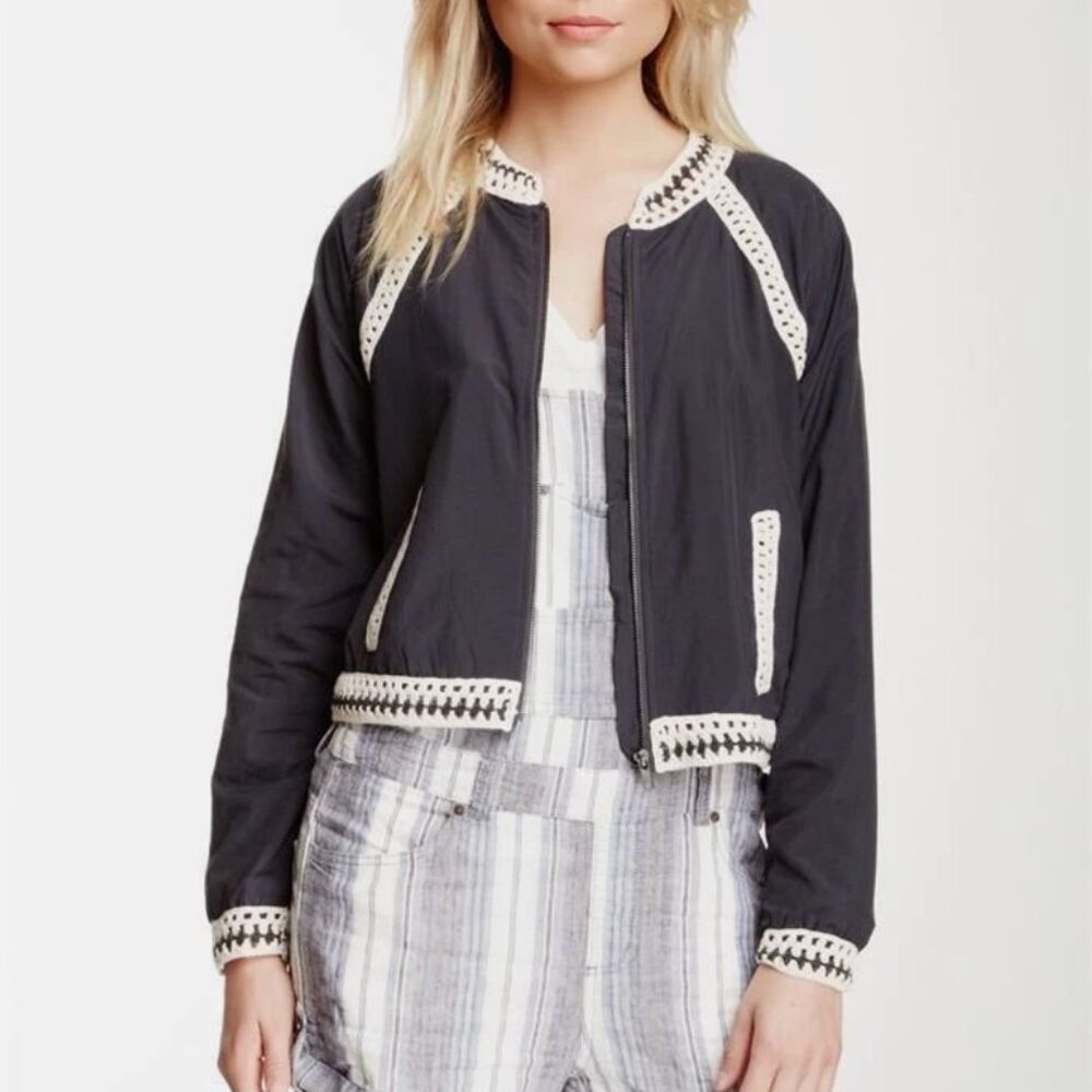 Free People Jacket crochet crop bomber womens Navy Blue small boho preppy casual